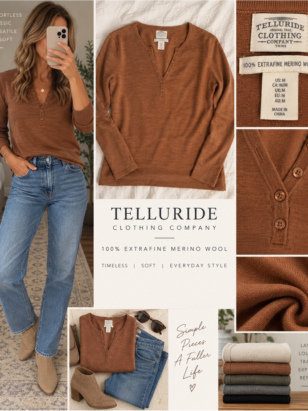 Telluride Clothing Co 100% Merino Wool Henley Top Brown Size M
